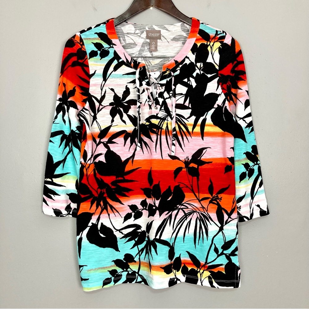 Chico’s Garden Oasis Lace-Up Tee Women’s Size S Tropical Lightweight Cotton